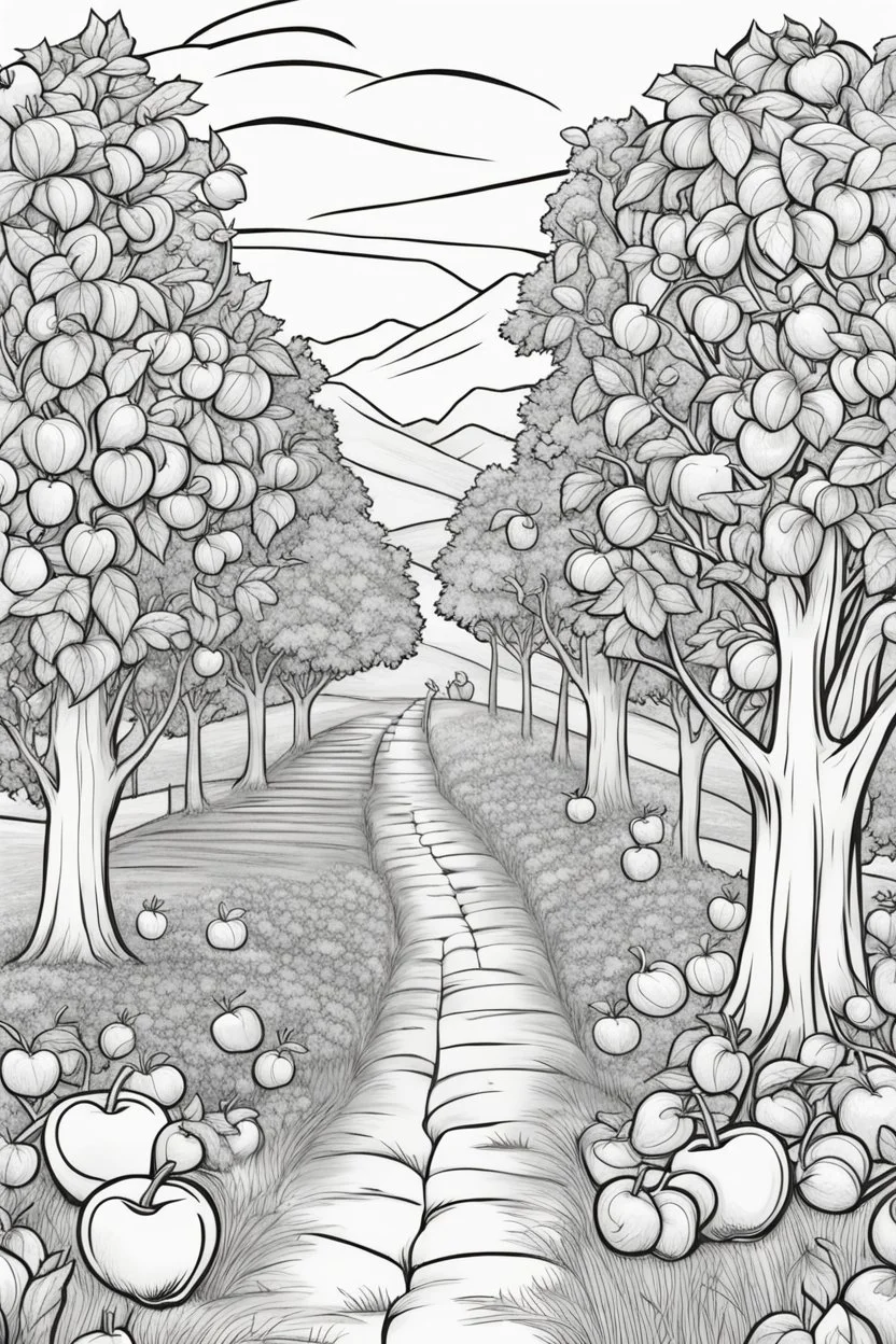 coloring page, apple orchard, cartoon style, thick lines, low detail, no shading