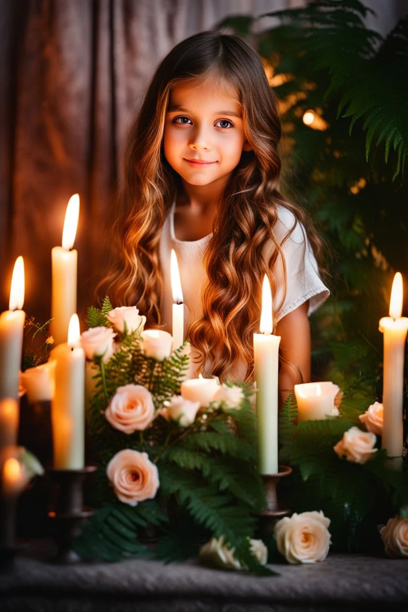 a young 8 years old girl sitting on a couch holding a bunch of flowers,hair, sitting on comfort, roses and lush fern flowers, in a room full of candles, a microscopic photo, cute photograph, from left