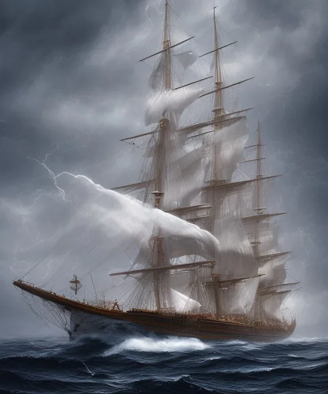 tall ship, storm, full sail, clear skies, mild seas