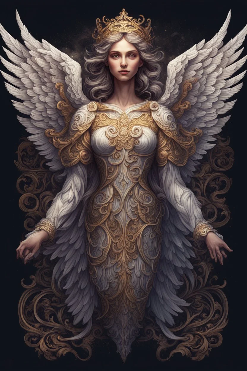 Ornate Angel design, T-Shirt Design, fantasy art, digital painting, clean dark background, 8K, HDR