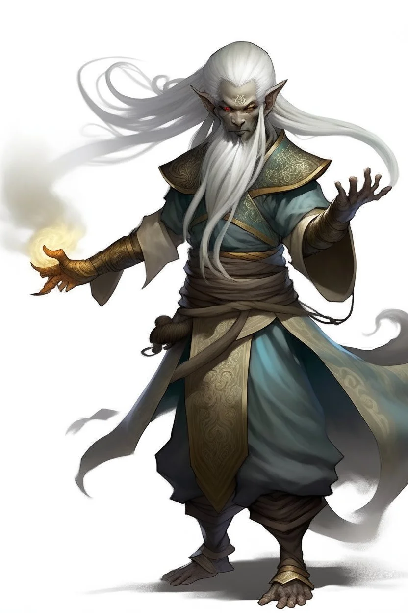 Air genasi from dnd with ashesen skin and asian flowing hair herematerial smoke Monk attire with ash giant