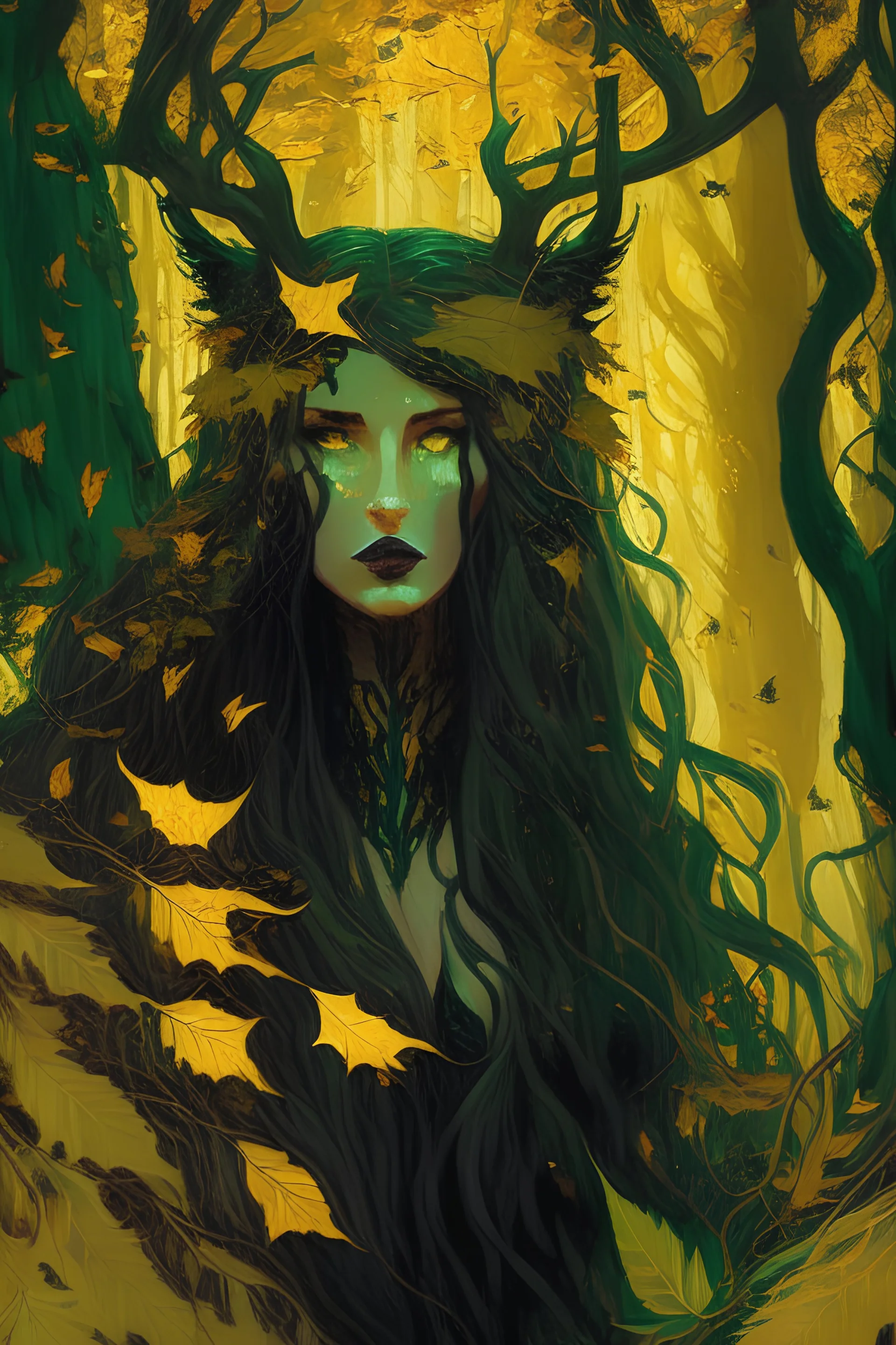 In the heart of a dense and enigmatic forest with towering ancient trees cloaked in emerald, yellow and amber foliage stands an ethereal beauty, her face is perfect, her lustrous hair cascading in ebony waves down to her slender waist in the background the crimson eyes of a large demonic animal are visible