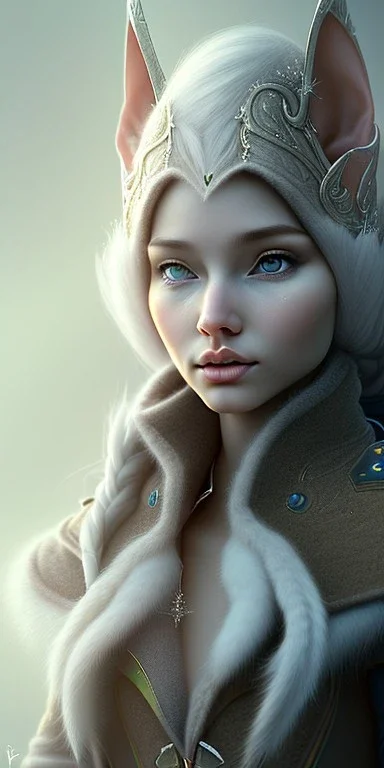 Cute and adorable female elven adventurer with ultradetailed SMALL elven ears dressed in a warm overcoat with survival gear, with adorable symmetric face and boots, in style of Cedric Peyravernay Art, microdetails --ar 2:3 --beta --upbeta --upbeta