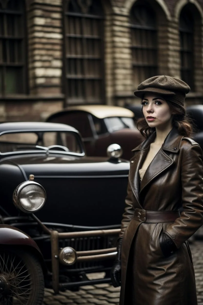 young woman with straight shoulder-length hair, dressed in brown leather trousers and waistcoat, leather gloves and a leather cap in an old industrial courtyard, next to a steampunk steam car