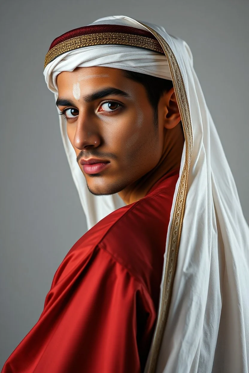 Traditional Arabic man , full body side view, looking at the viewer, white make up on her face, , traditional si, studio photograph, very aesthetic, highly detailed, brilliant composition, hyper realistic, photorealistic, subsurface scattering matt painting