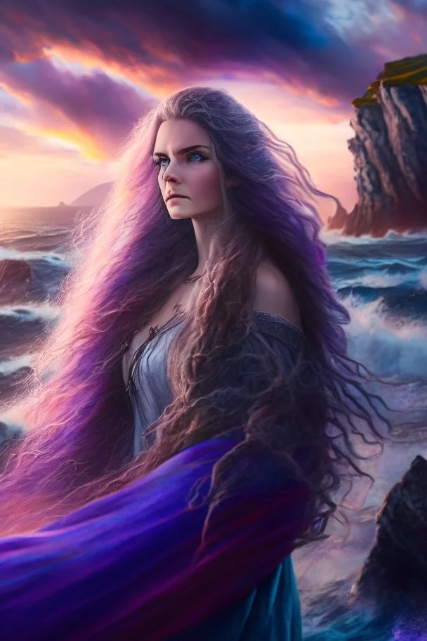 half body shot,realistic portrait of a 20-25 old femal model, long blue pink flowing hair, great grey eyes, ,full body, standing in rocky beach , very big ship, stormy sea with sunset ,clouds,god rays ,storm,rocky beach