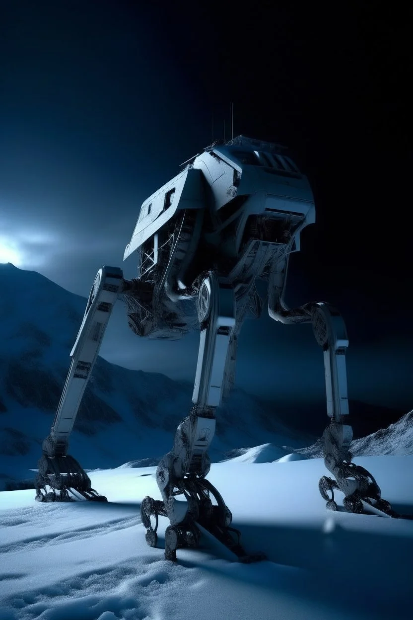 a mechanical walker with eight legs scaling a very steep snow covered side of mout everest at night, it has a smooth surface, it has storage pods on its belly human can fit in the pods