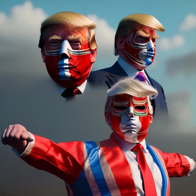 realistic image of donald trump as a mexican wrestling fighter posing outdoors, Mexican wrestling mask, red and blue breeches, suspenders, retro style, 80s, vibrant color, highly detailed, sky background, concept art, unreal engine 5, god rays, ray tracing, RTX, lumen lighting, ultra detail, volumetric lighting, 3d, finely drawn, high definition, high resolution.