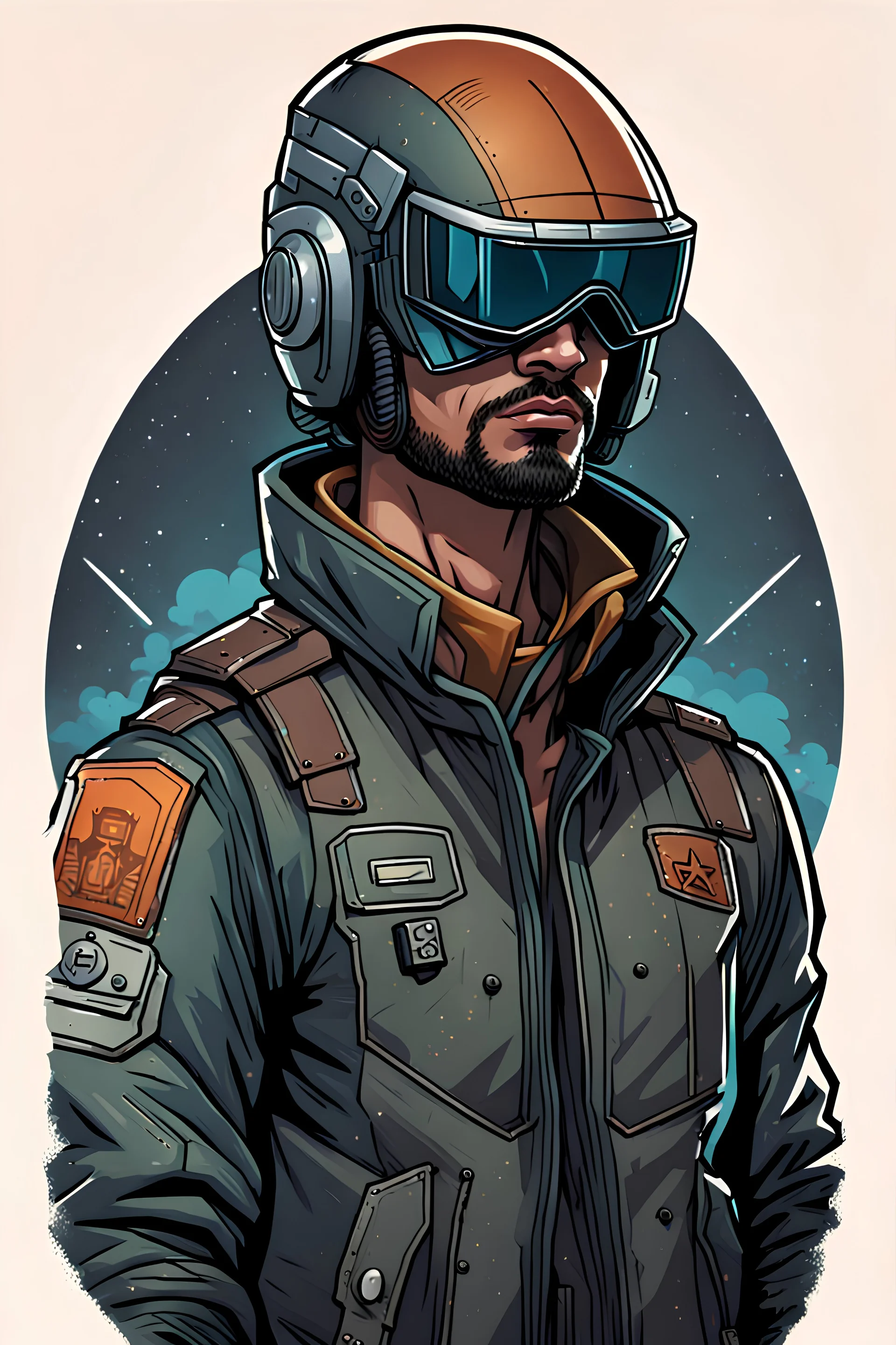 High Quality Science Fiction Character Portrait of an helmeted bounty hunter in a Bomber Jacket. Illustrated in the Style of the Archer Tv Series.