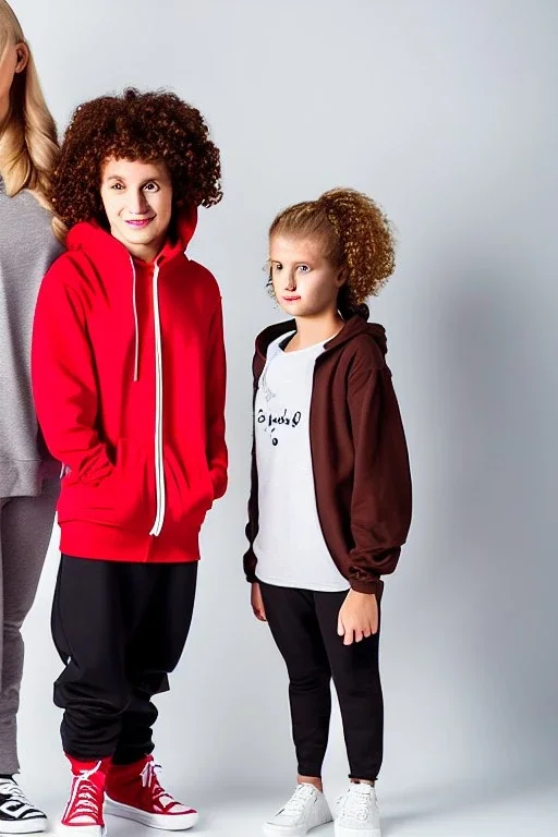 Studio shot of a beautiful swedish family with a mother with shoulder length blonde hair dressed in workout clothes a father with brown curly hair wearing workout pants and a black zip up hoodie a young teenage boy with brown hair dressed in comfortable clothes a young woman with red hair and dressed like an egirl a young athletic boy with messy red hair dressed in popular clothes a messy looking 5 year old with red hair and a goofy smile a toddler with blonde hair dressed in pajamas