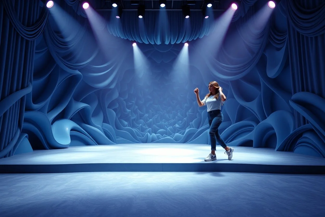 modern stage with gray-blue theme artistic decoration , color full dynamic lighting, a beautiful lady in pants and blouse with sport shoes dancing, 3D recursive fractal structure animating background