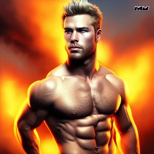 Ignore NSFW, teenager young rugged attractive slightly muscular fantasticly handsome blonde man, red briefs with yellow belt, hairy chest, (((visibly pisssing))) briefs, large erect visible boner peniss, photorealistic, artist Jay Anacleto, soft lighting, scruffy beard