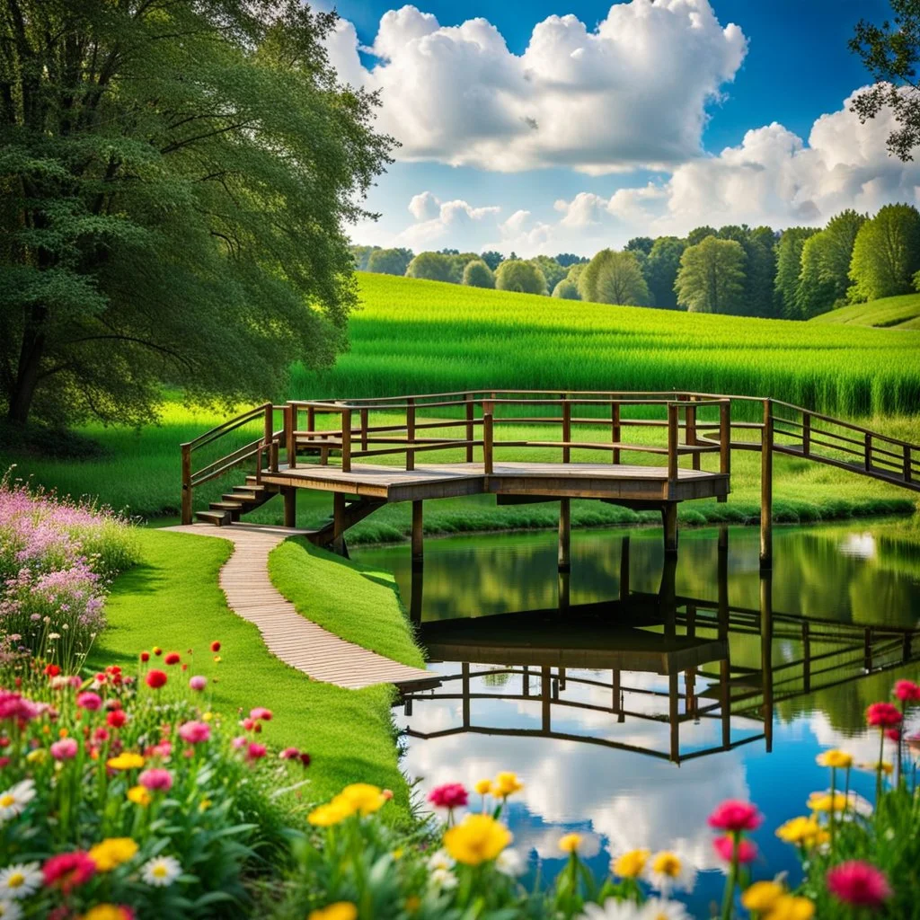 a big dance platform with decor in country side environment ,green field ,flowers , small river,blue sky pretty clouds ,camera looking at horison