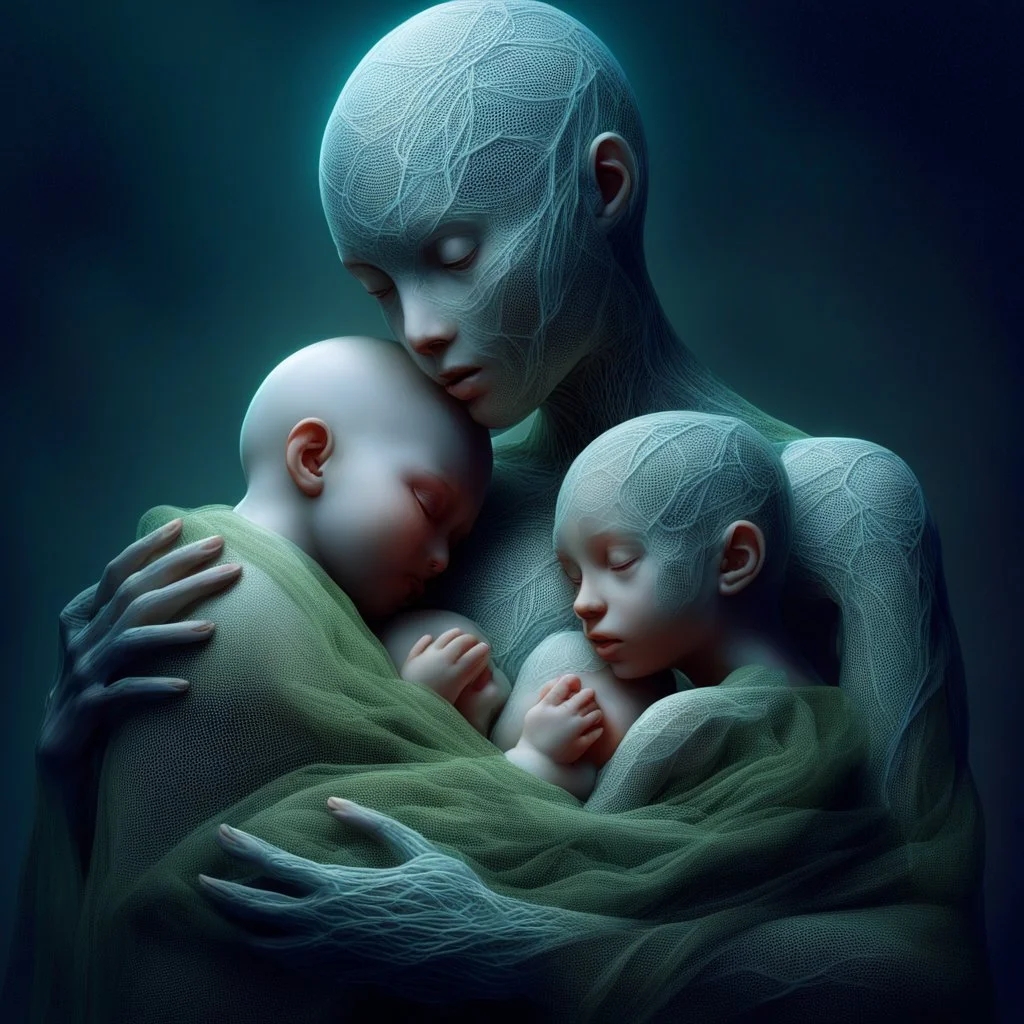 serene yet haunting scene depicts a humanoid cradling two children—one human, one humanoid—in her arms. The humanoid mother gazes at them with a peaceful expression. The human child, wrapped delicately in a green, net-like material, sleeps soundly, while the humanoid child, resembling its mother, nestles beside the sibling. Tears stream from the humanoids eyes, evoking a sense of sorrow suggesting both entrapment and technological dependency. Intricate patterns adorn her head, leading to a majes