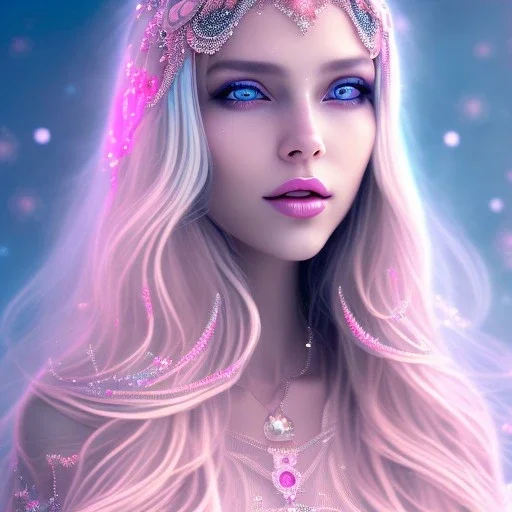 beautiful, soft, smiling face, whole head, long straight blonde hair blues eyes, crown on the head, clothing in transparent bluish and pink veil, background brillante bluish and pink, hight definition, 8K