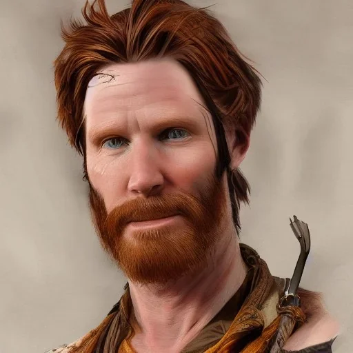 Portrait of Courtney Gains as a ruggedly handsome but joyful roguish pirate, charismatic, attractive male, masculine, perfect, precisely detailed, lightly freckled face, meticulously detailed multi-hued ginger carrot colored cherry fire red hair; Malachai of the corn; fantasy, intricate, elegant, highly detailed, digital painting, artstation, concept art, matte, sharp focus, illustration, art by artgerm and greg rutkowski and alphonse mucha