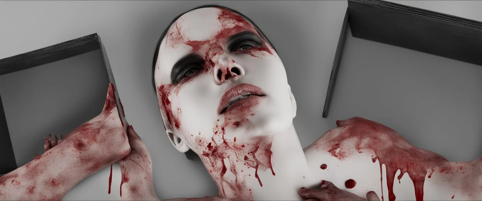 a faceless woman covered in blood holding up a black rectangular box