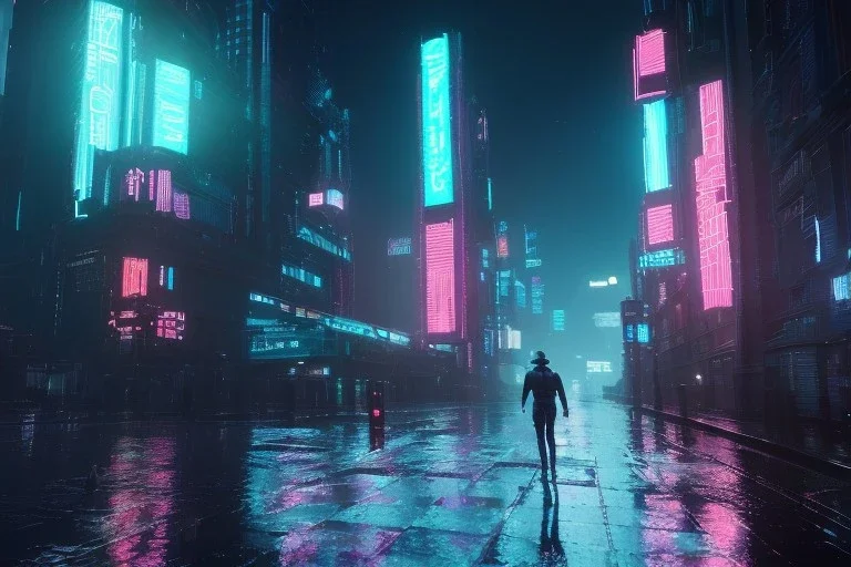 3D, beautiful, light reflecting, empty future city skyline at night, rainy night, neon, cyberpunk, tron, one cyborg walking, 8k, finely detailed, photo realistic