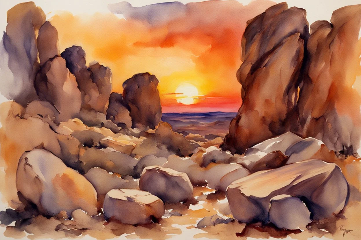 Sunset, rocks, mountains, rocky land, epic, john singer sargent watercolor paintings