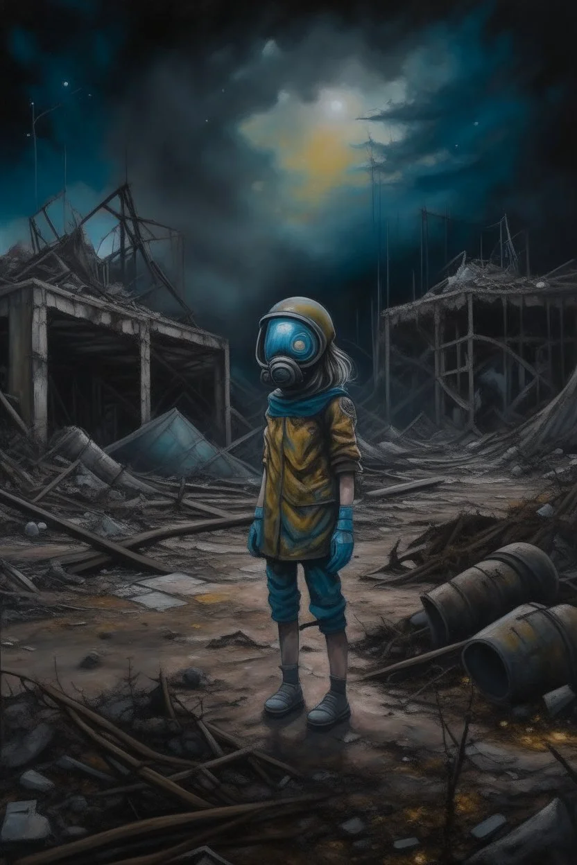 a mesmerizing post-apocalyptic world, the sky filled with stars at night, broken buildings surrounded by debris, the floor is covered with dirt and iridescent oil, a sense of beauty and destruction. An acrylic painting of a lone woman wearing highly detailed safety clothes, wearing a gas mask, aanstanding on a barren. (Acrylic painting by MSchiffer showcasing the meticulous brushstrokes and depth of colors.) Acrylic paint blobs in relief, The pollution looks almost like glowy northern lights in