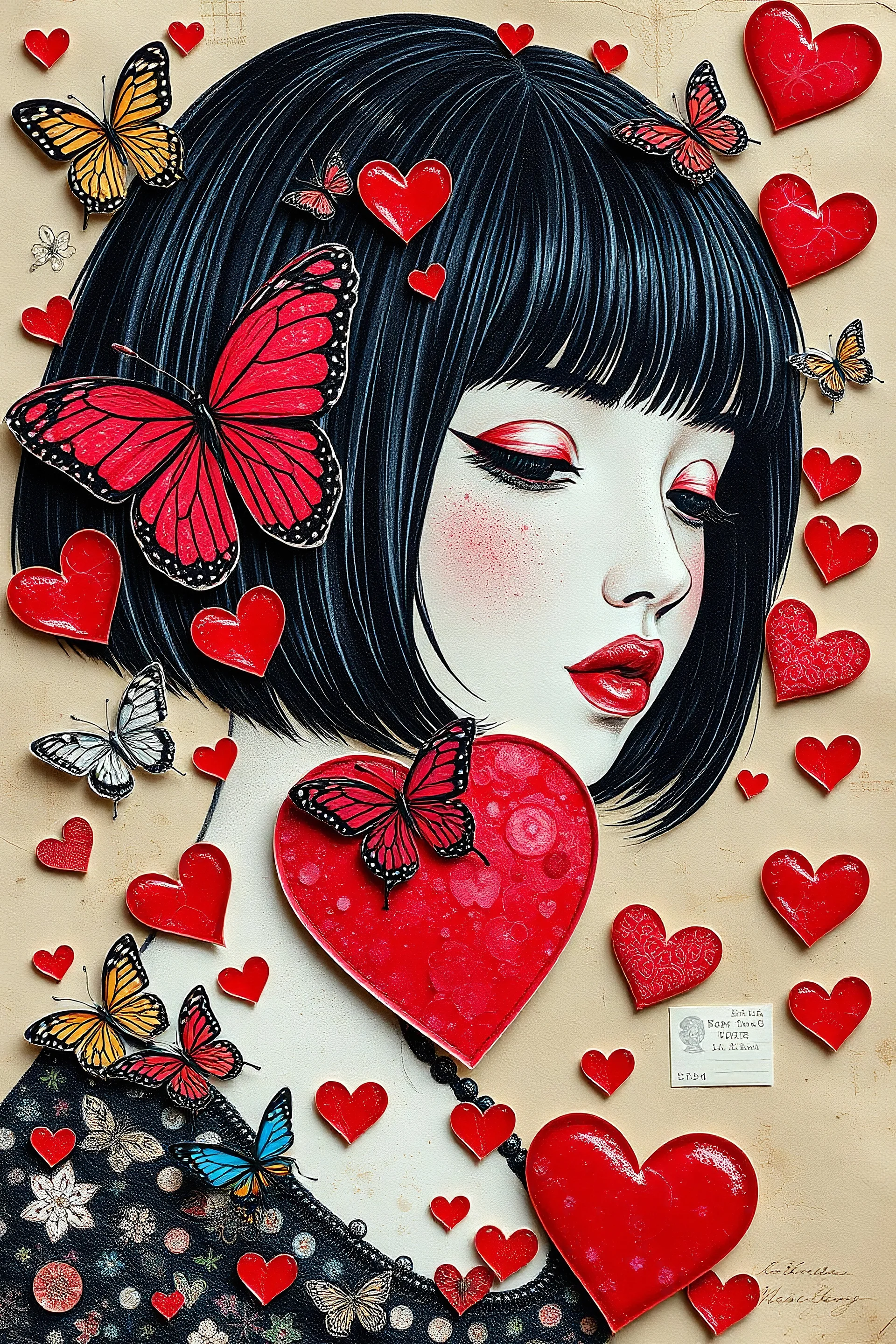 Mail art ,many mails,stamps and butterfly,bugs,potongan majalah disusun acak,Beautiful girl with black hair bob cut,style Pointillism style、It is made up of hearts of various sizes、Clear heart with red color、Highly detailed ,style Illustration、Photorealsitic、glitched、highcontrast .saying "pengen diowol mase".kloase style