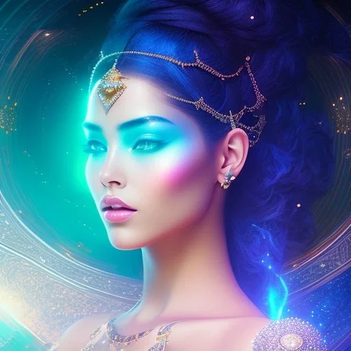 cosmic woman,highly detailed, hyper-detailed, beautifully color-coded, insane details, intricate details, beautifully blue color graded, Cinematic, Blue Color Grading, Editorial Photography, Depth of Field, DOF, Tilt Blur, White Balance, 32k, Super-Resolution, Megapixel, ProPhoto RGB, VR, Half rear Lighting, Backlight, non photorealistic rendering