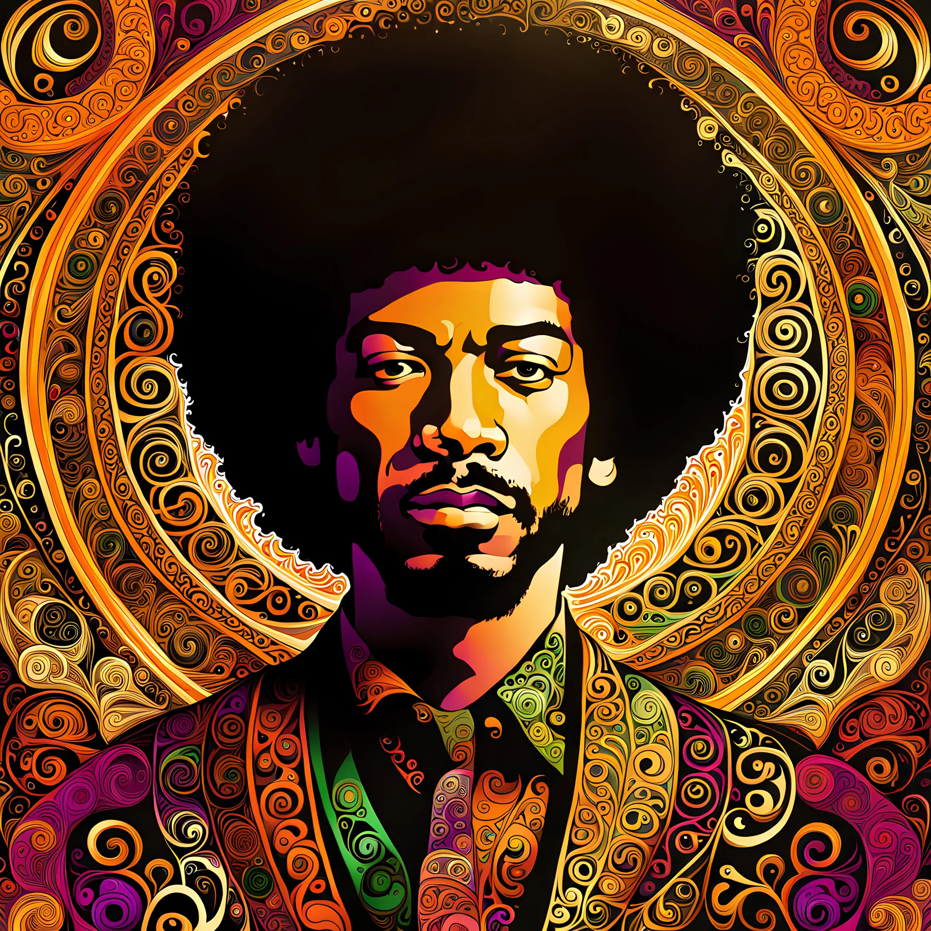 a stylized abstract illustration of Jimi Hendrix from calligraphic letters, flourishes, and swirls , finely drawn and inked, in classic Arabic calligraphy, 4k, hyper detailed in the style of EL SEED and vibrantly colored in the style of GUSTAV KLIMT