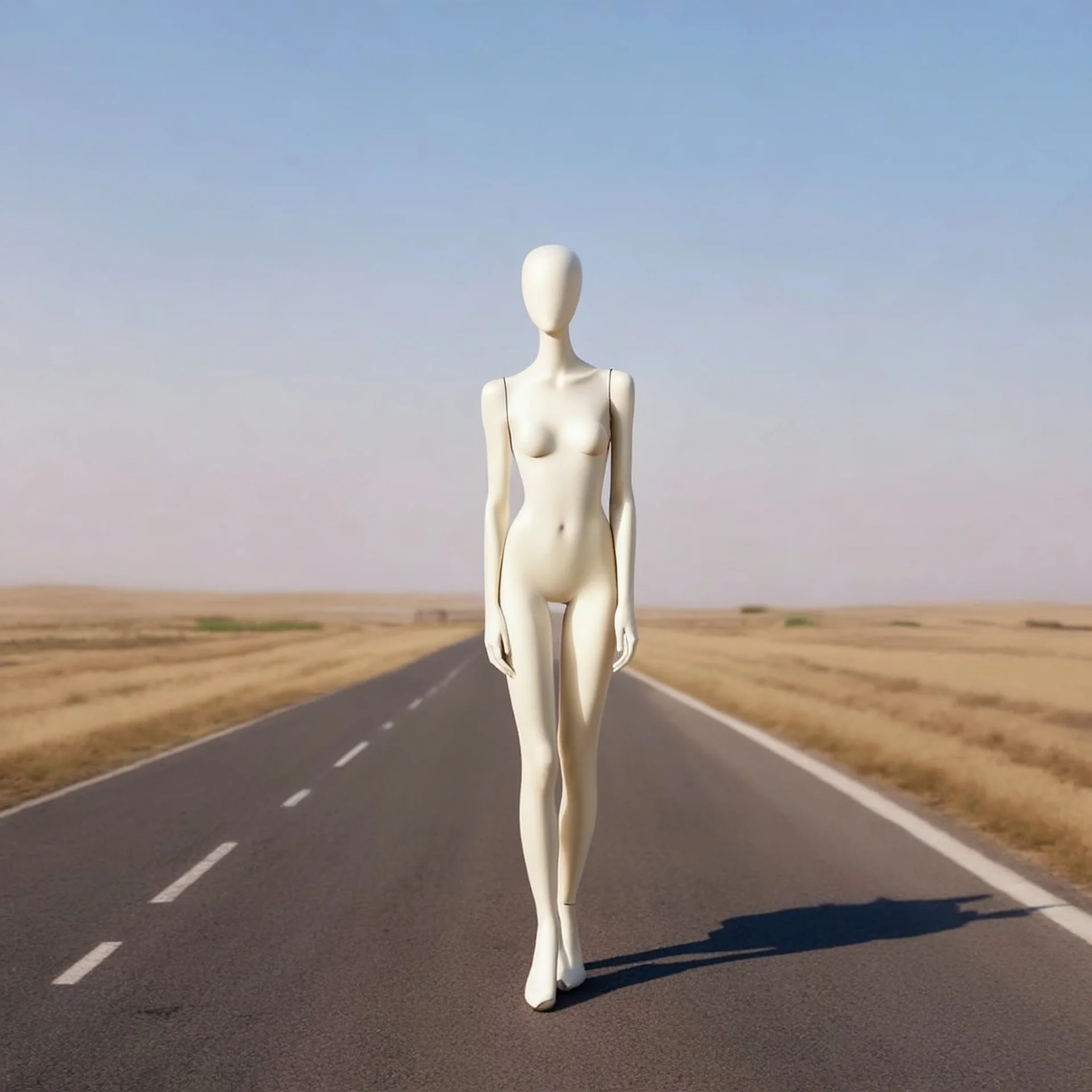 autochrome of an ethereal display mannequin on an empty road,1970