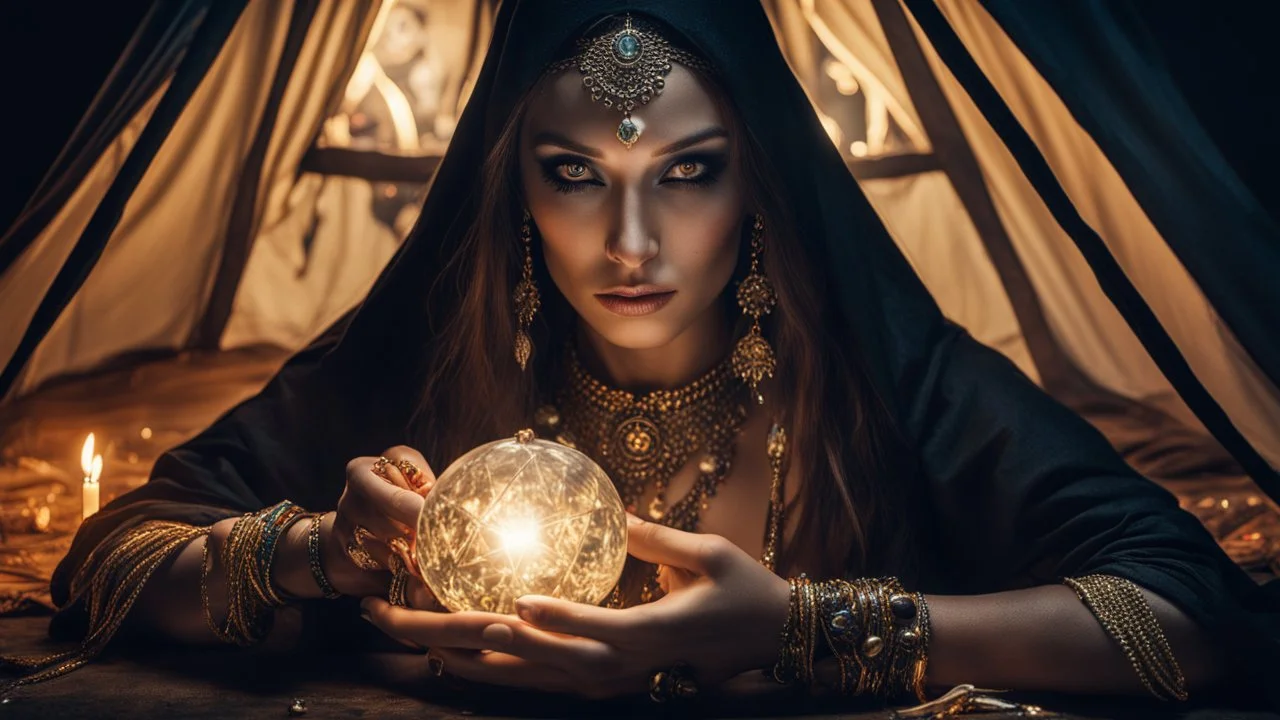 Hyper Realistic photographic-view of Wicked-&-Beautiful-Fortune-teller-with-glowing-golden-eyes wearing black-beed-necklace-&-bracelet angrily Looking at her crystal-ball glowing magically & sitting in her tent at dark-night decorated with fancy-traditional-feathers-&-tarot-cards showing dramatic & cinematic ambiance"