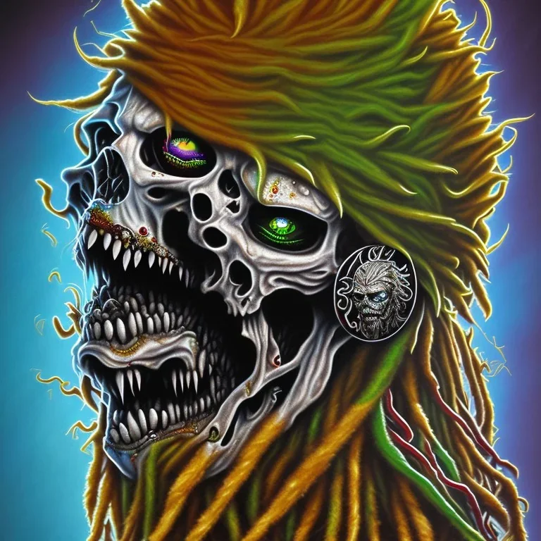 Visage Zombie rastafary iron maiden feuille cannabis, yeux rouges, bandeau couleur rasta, couteau en main, sang sur lame du couteau