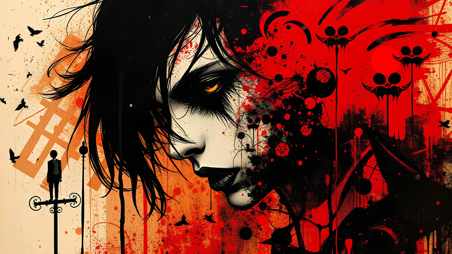 Russ Mills style, backdrop, paper, graphic image, crimson, amber, black, intensely friendly, eerie goth