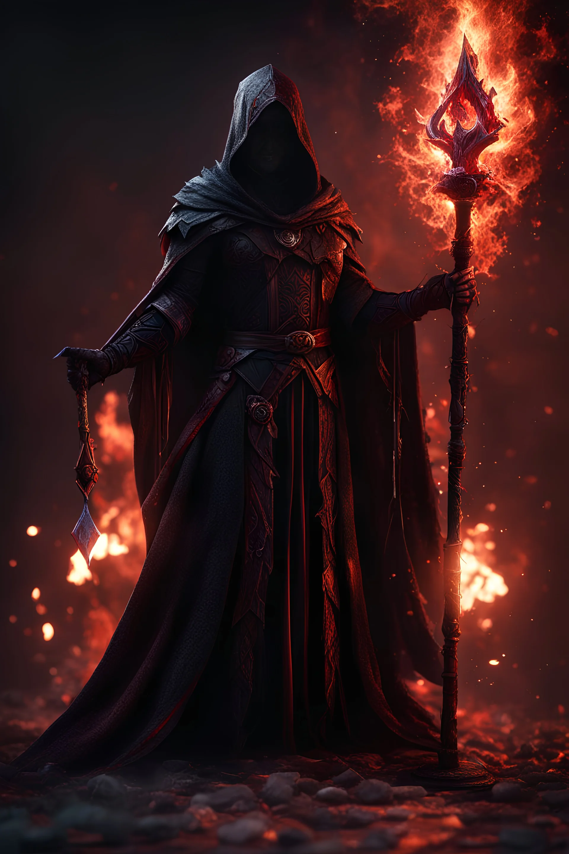 the blood dripping sorcerer known as The Shadow of Death using the staff of destruction. black bloody fire. fantasy art, Cinematic lighting, Volumetric lighting, Epic composition, Photorealism, Bokeh blur, Very high detail, Sony Alpha α7, ISO1900, Character design, Unreal Engine, Octane render, HDR, Subsurface scattering