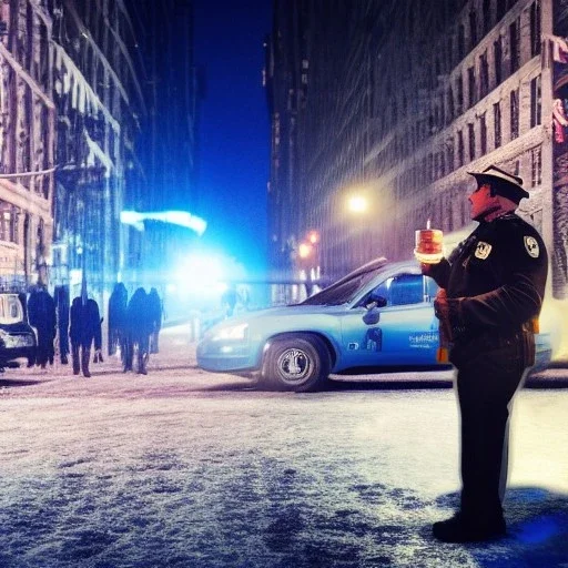 large cop drinking a coffee standing next to a cop car, snowy streets of new york at night, dramatic, dramatic lighting, volumetric lighting, hyperrealism, 8k, high quality, photorealistic, lot of details