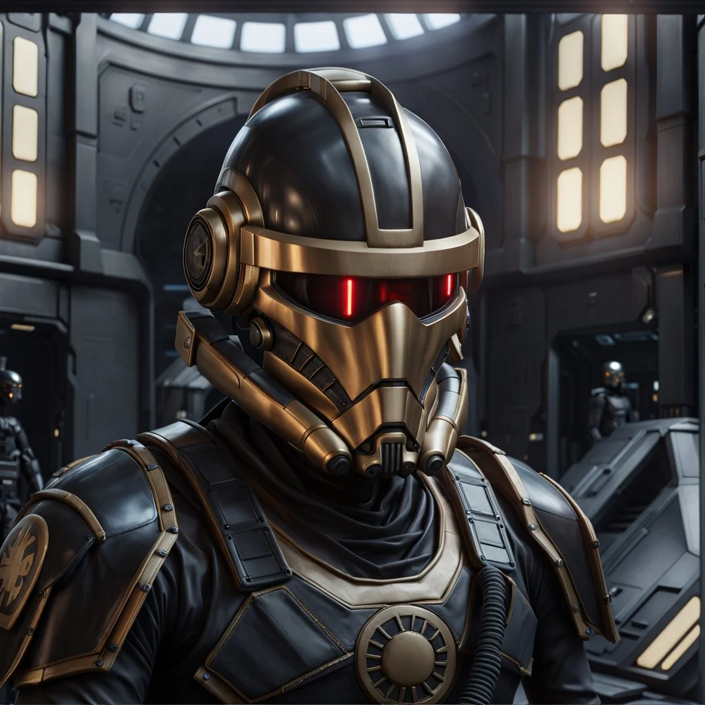 star wars bald male corellian pilot wearing pearlescent black and gunmetal grey First Order special forces heavy assault stealth commando armor and helmet with gold trim inside the jedi temple, hyperdetailed, dynamic lighting, hyperdetailed background, 8k resolution, volumetric lighting, light skin, fully symmetric details