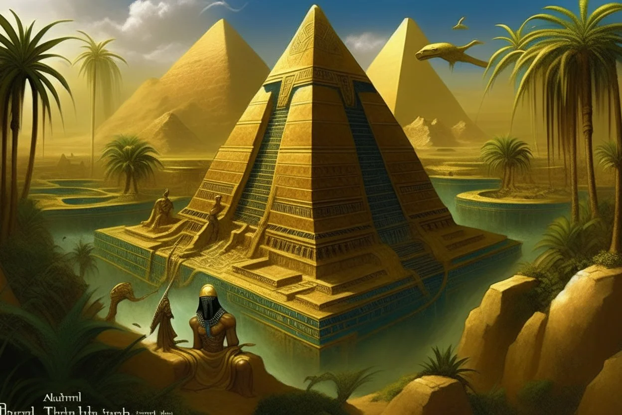 atlantis Egyptian pyramid of giza in the center of a lush maze garden of eden surrounded by a band of water that flows in The four rivers of Eden, this garden is a magical oasis surrounded by a vast and golden desert, Hyper Detailed Face, Photorealistic, Intricately Detailed, Oil Painting, Heavy Strokes, By Jean Baptiste Monge, By Karol Bak, By Carne Griffiths, Masterpiece, Unreal Engine 3D; Symbolism, Colourful, Polished, Complex; UH