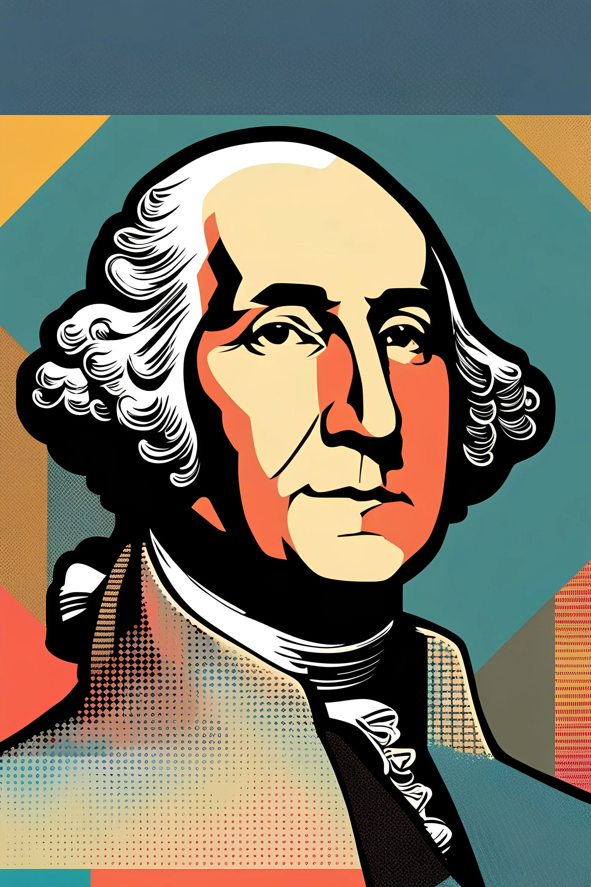 Collage, risograph, portrait of George Washington, halftone pattern, modern design stylized, limit amount of colors to 5