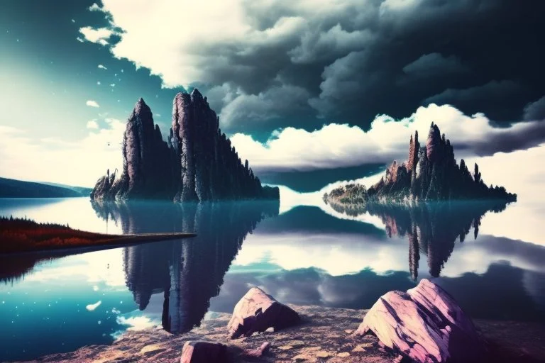 rocks, lake, clouds, epic, sci-fi