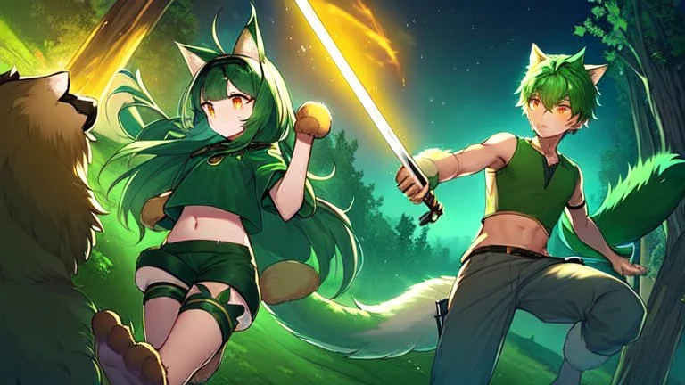 Girl, boy ,wolf muzzle, long green hair, green wolf ears,3 wolf tail, open navel, short blue shirt,animal tail, wolf paws hand, orange eyes, sword, animal fur on feet, night in forrest