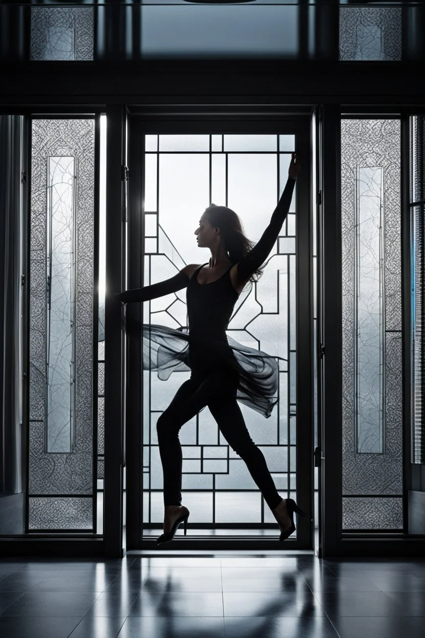 front of is the glass door, a dark silhouette of a dancing woman behind the glass door , front of it is the glass door, high quality, highly detailed, stunning, high realistic picture, impressive, sharp focus, perfect body, perfect shot, professional photo