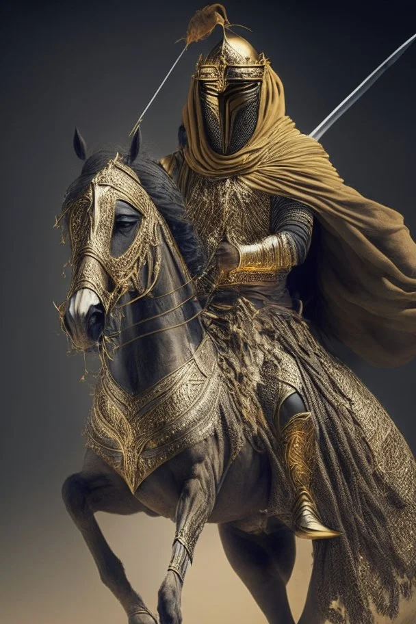 Arab warrior Full Body Full Armored Wearing Face Masculine Mysterious Powerful Fantasy High Quality Carrying his bow Golden clothes His horse behind him 8k