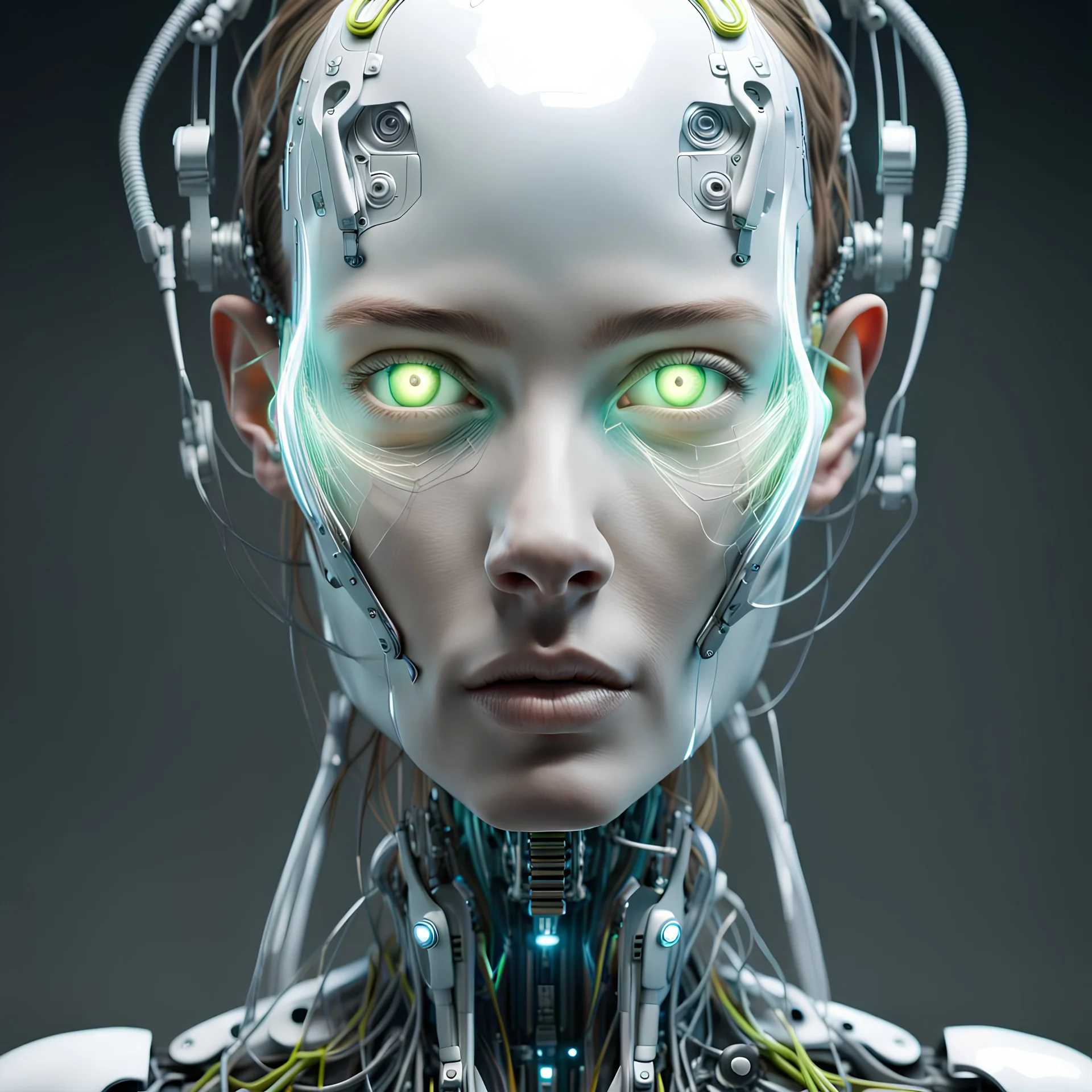 Step into a world of stylistic variations and unique renderings as you encounter a slender Icelandic female cyborg, her lime eyes glowing with a sense of wonder and curiosity, captured in a full head shot from a distance of 6 feet, inviting you to explore the endless possibilities of artificial intelligence, cybernetic, cable electric wires, microchip, anatomical, polished, porcelain, ultra detailed, ultra realistic, extremely realistic, intricate, photorealistic, epic composition, masterpiece,