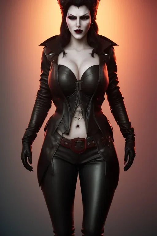 Amy Dumas as evil queen in black leather, leather, busty, cleavage, angry, rage, stern look. character design by cory loftis, fenghua zhong, ryohei hase, ismail inceoglu and ruan jia. unreal engine 5, artistic lighting, highly detailed, photorealistic, fantasy