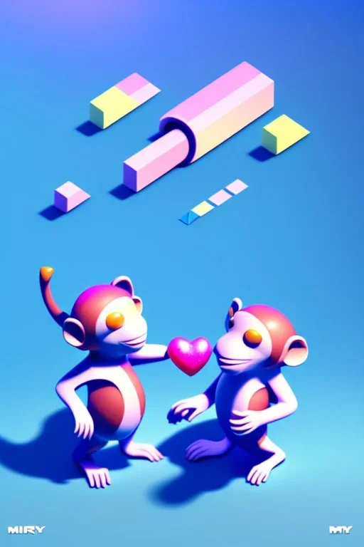 isometric clean art of a super cute monkeys in love, soft lighting, soft pastel gradients, high definition, 3d icon clay render, blender 3d