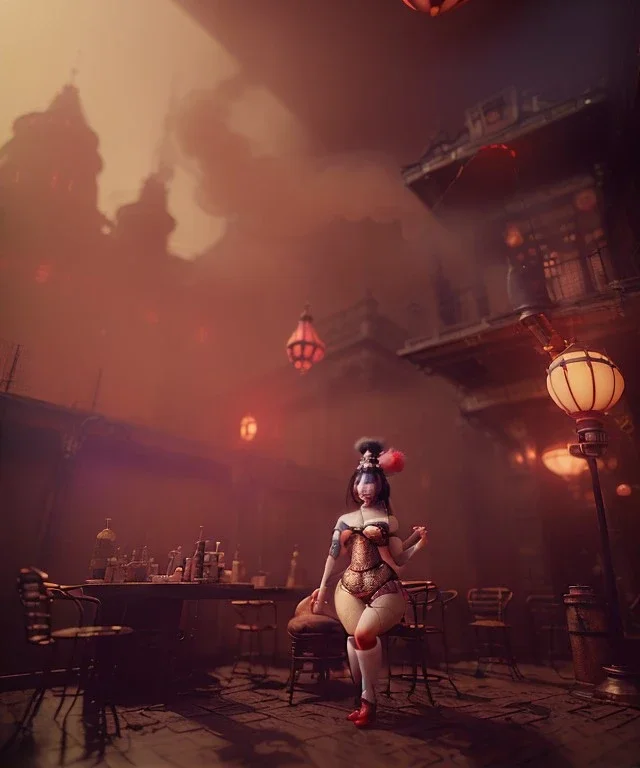 Surreal, steampunk , , cabaret scene. Geisha Asian woman. Fat old man, smoke, happy, hot, color fog, people background, highly detailed, concept art, unreal engine 5, god rays, ray tracing, RTX, lumen lighting, ultra detail, volumetric lighting, 3d, finely drawn, high definition, high resolution.