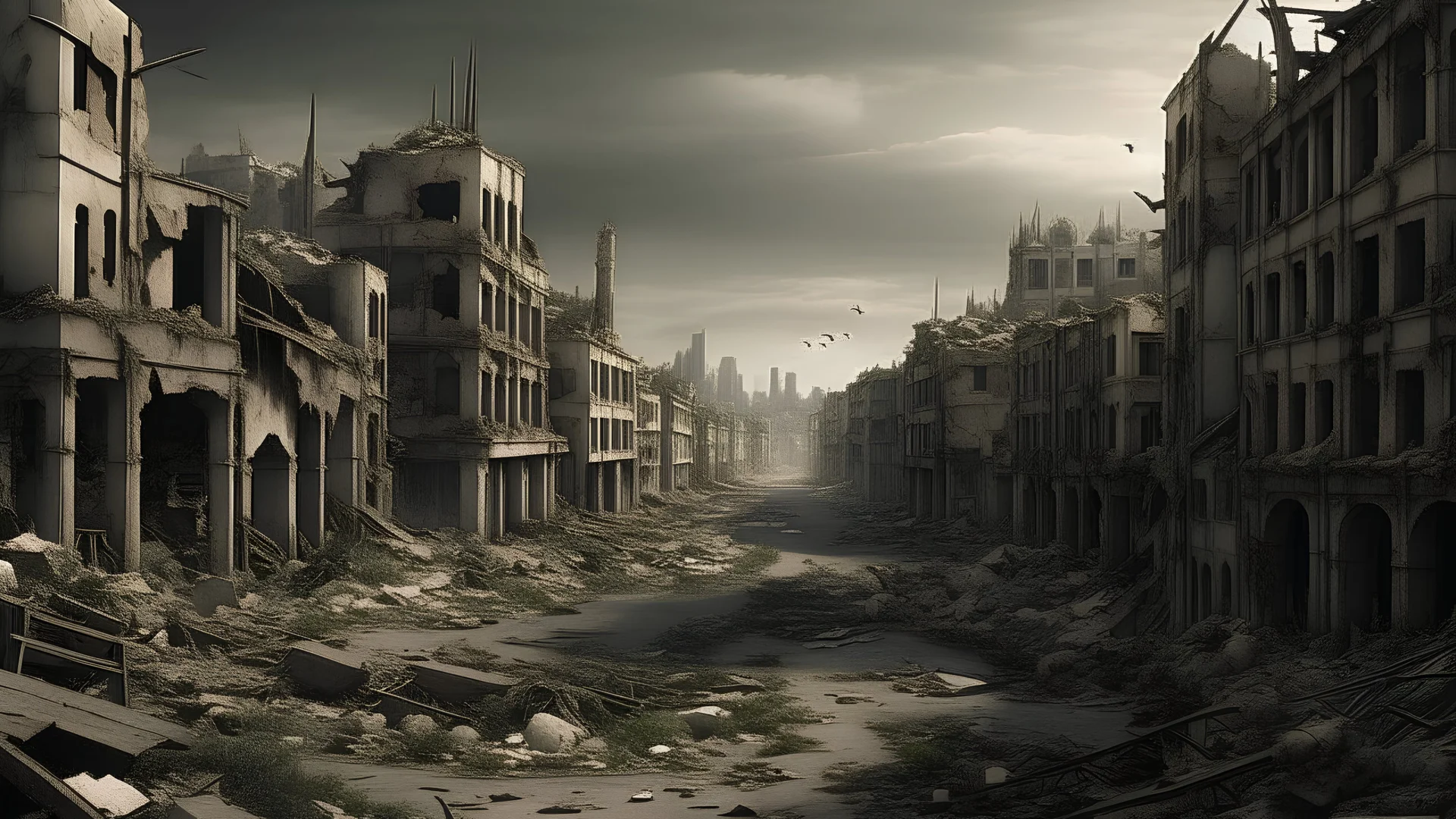 An image of a city in ruins, with destroyed buildings, rubble, and a sense of desolation.