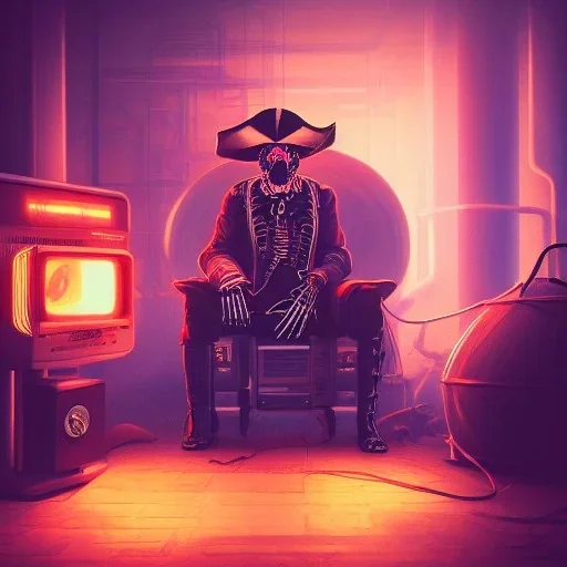 a cyberpunk hacker pirate captain skeleton with a pirate hat sitting in front of a huge old crt monitor in a dark room holding a beer, only light coming from crt monitor, highly detailed, intricate, digital art, trending on artstation, trending on cgsociety, by greg rutkowski