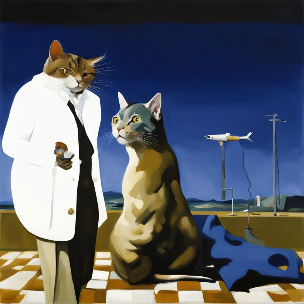 UN conference,a cat and human flesh-like surgical instruments and universe-like a pigeon and neuralink, surrealism,minimalism,Painting By Adrian Ghenie, Rene Magritte, Salvador Dali, Lucian Freud