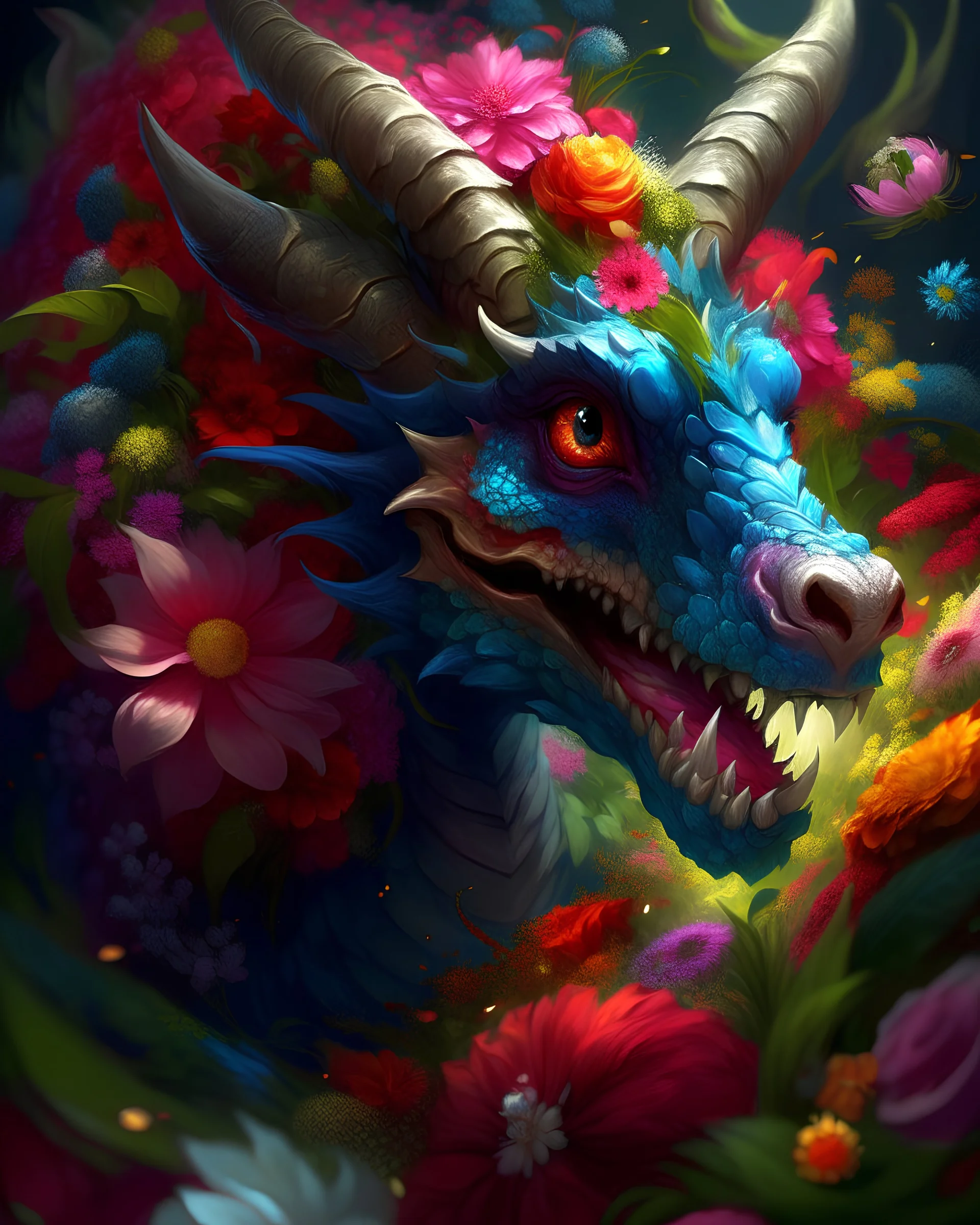 Bigger horn, more sharp eyes, Beautiful dragon, surrounded by flowers, colourful digital art, ai art, fantasy, mythology