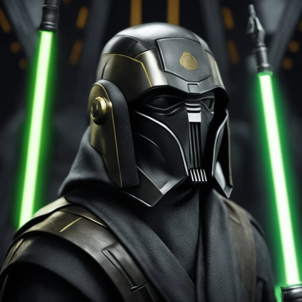 star wars bald male corellian jedi pilot wearing gunmetal grey and black old republic armored robes with gold trim inside the jedi temple holding a lightsaber with viridian green blade in left hand, centered head and shoulders portrait, hyperdetailed, dynamic lighting, hyperdetailed background, 8k resolution, volumetric lighting, light skin, fully symmetric details