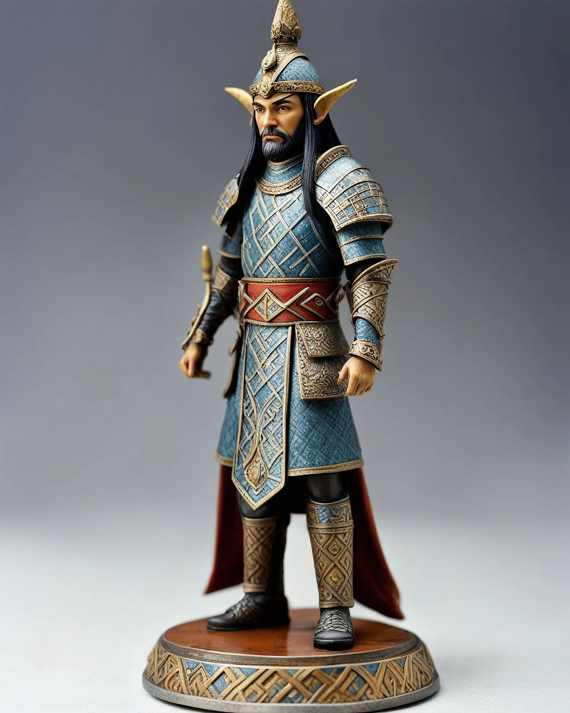 photo of a tabletop role-playing miniature of a sleek medieval mongol-elf wearing minoan armour with Minoan patterns. the miniature is full body and stands on a base. the miniature is in the style of art nouveau, Alan lee, john howe, rodin, giacometti